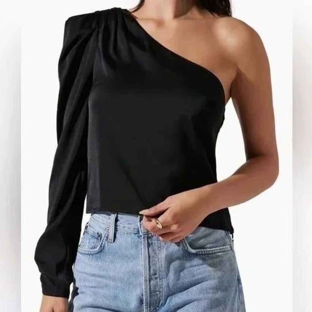 Rebecca Minkoff Black One-Shoulder Satin Blouse